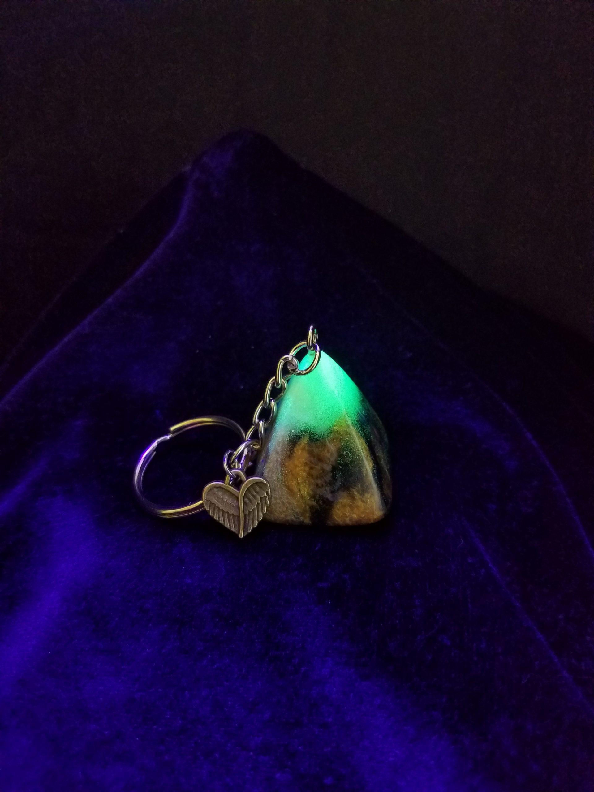 Abstract Black, Gold & Green Glow Pyramid Keychain with Bronze Wing Heart Charm