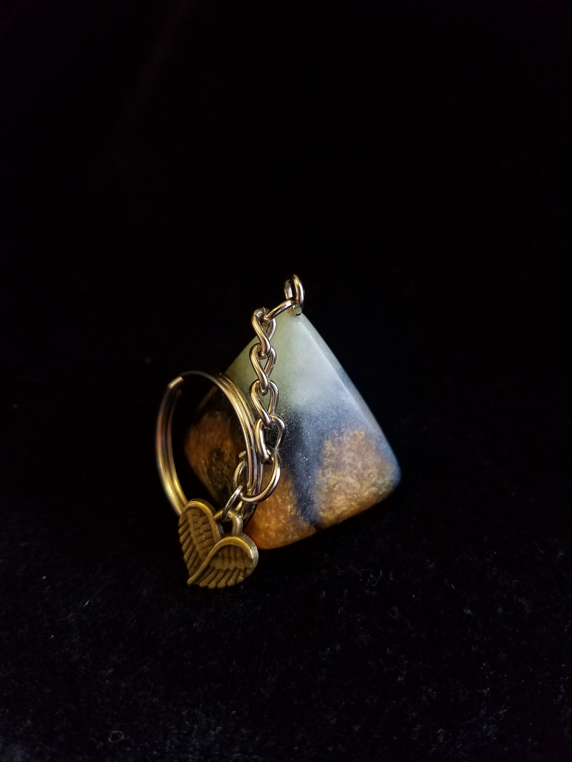 Abstract Black, Gold & Green Glow Pyramid Keychain with Bronze Wing Heart Charm