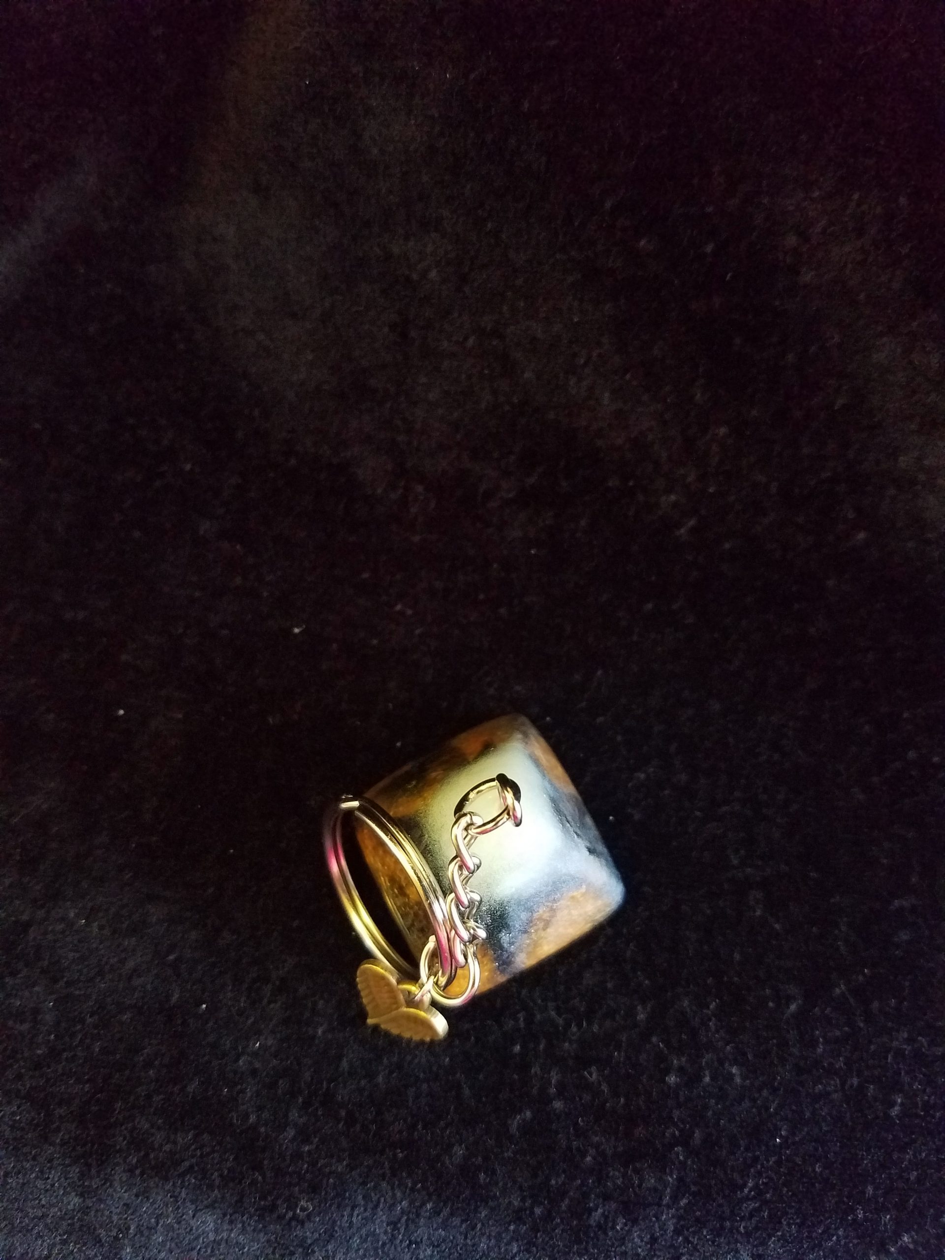 Abstract Black, Gold & Green Glow Pyramid Keychain with Bronze Wing Heart Charm