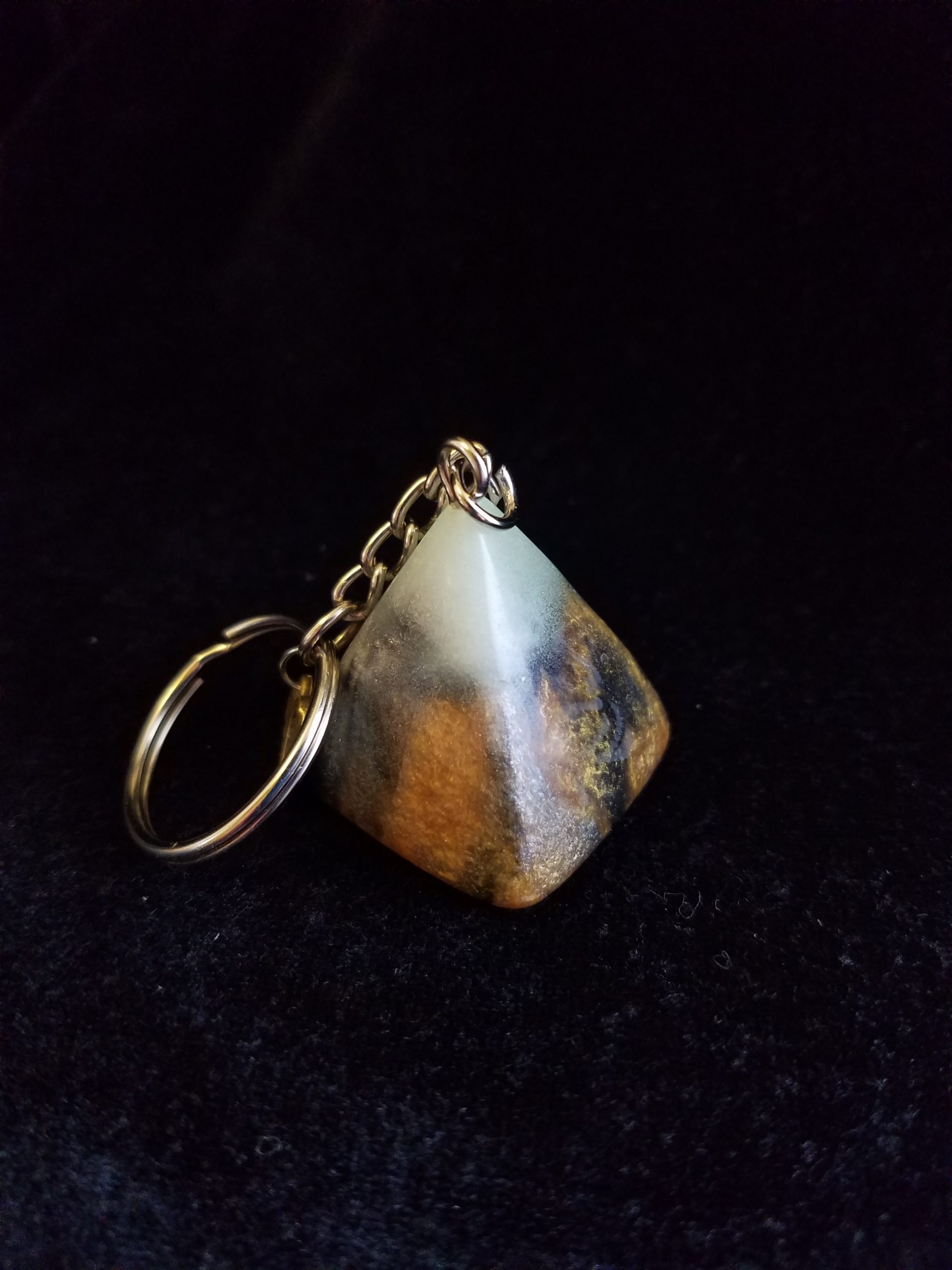 Abstract Black, Gold & Green Glow Pyramid Keychain with Bronze Wing Heart Charm