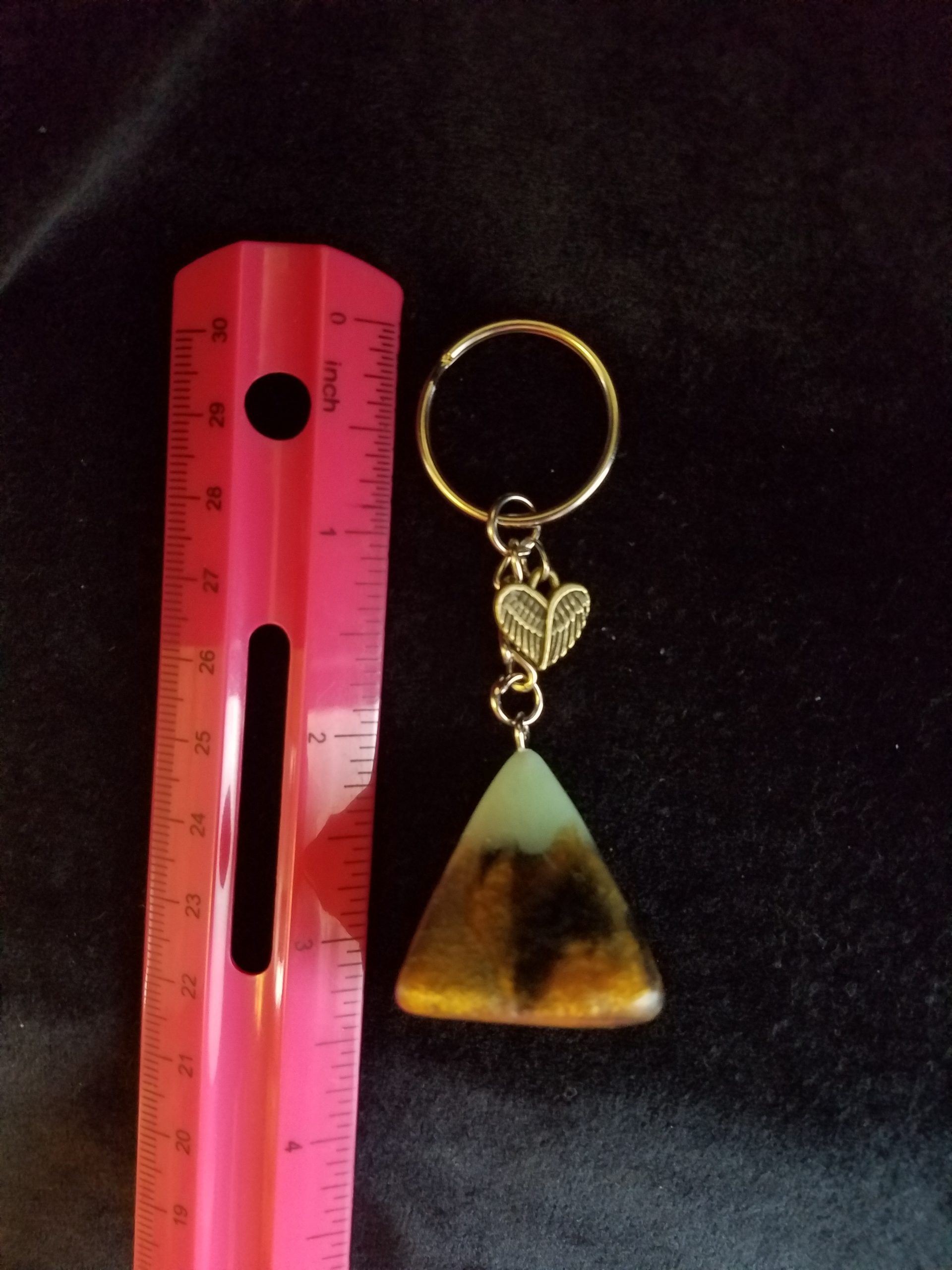 Abstract Black, Gold & Green Glow Pyramid Keychain with Bronze Wing Heart Charm
