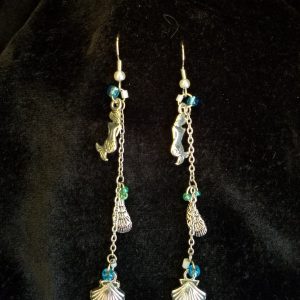 Mermaid & Seashell Blue, Green & White Beaded Silver Chain Fishhook Dangle Earrings