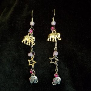 Elephant & Star Pink Beaded Silver Chain Fishhook Dangle Earrings