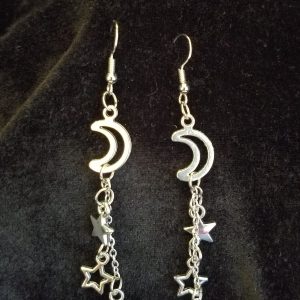 Moon & Star Silver Chain Fishhook Dangle Earrings