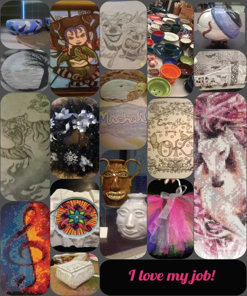 Alt="Collage picture containing 18 images of various works of art from the artist Michelle Hutchison, the owner of Michelles Hobby House."