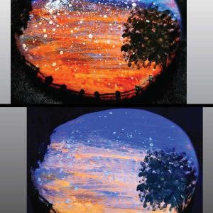 alt="Collage view with 2 images of a hand painted in acrylic paint 2.5 by 2 inch smooth oval rock with a neon red orange blue and purple blended sunset in the background with a black silhouette image of a country scene containing a bushy leafy tree on the right side of the rock and farming fence and grass in the foreground. , one viewed in regular light and one viewed under black light.">