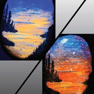 alt="Collage view with 2 images of a hand painted in acrylic paint 2 by 3 inch smooth oval rock with a neon orange red blue and purple blended sunset in the background with a black silhouette in the foreground containing an image of a country scene with a meandering winding river with grassy banks defining the edges and skinny pine trees in hills in the back left side of the rock, one viewed in regular light and one viewed under black light.">