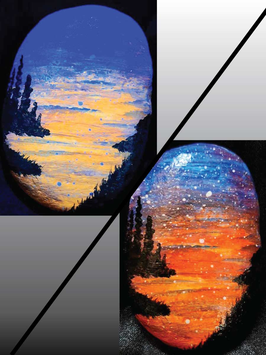alt="Collage view with 2 images of a hand painted in acrylic paint 2 by 3 inch smooth oval rock with a neon orange red blue and purple blended sunset in the background with a black silhouette in the foreground containing an image of a country scene with a meandering winding river with grassy banks defining the edges and skinny pine trees in hills in the back left side of the rock, one viewed in regular light and one viewed under black light.">