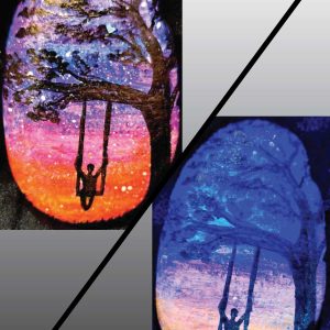 alt="Collage view with 2 images of a hand painted in acrylic paint 2.5 by 3 inch smooth oval rock with a neon orange, pink, purple and blue blended sunset in the background with a black silhouette in the foreground containing an image of a country scene with a tall thick branchy leafy tree on the right side and framing over the top of the rock with a person swinging on a swing hanging from a branch and grass at the bottom of the rock, one viewed in regular light and one viewed under black light.">
