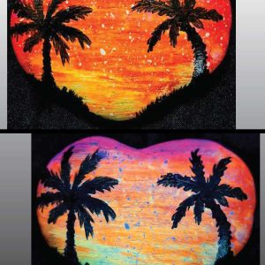alt="Collage view with 2 images of a hand painted in acrylic paint 3 by 2 inch smooth heart shaped rock with a neon yellow orange and pink blended sunset in the background with a black silhouette image of 2 tropical palm trees and grass framing the left and right sides of the rock in the foreground, one viewed in regular light and one viewed under black light.">