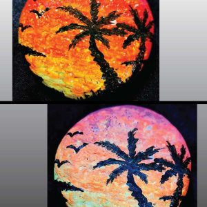 alt="Collage view with 2 images of a hand painted in acrylic paint 2 inch smooth round rock with a neon yellow orange and pink blended sunset in the background with black silhouette art of 2 tropical palm trees grass and birds in the foreground, one viewed in regular light and one viewed under black light.">