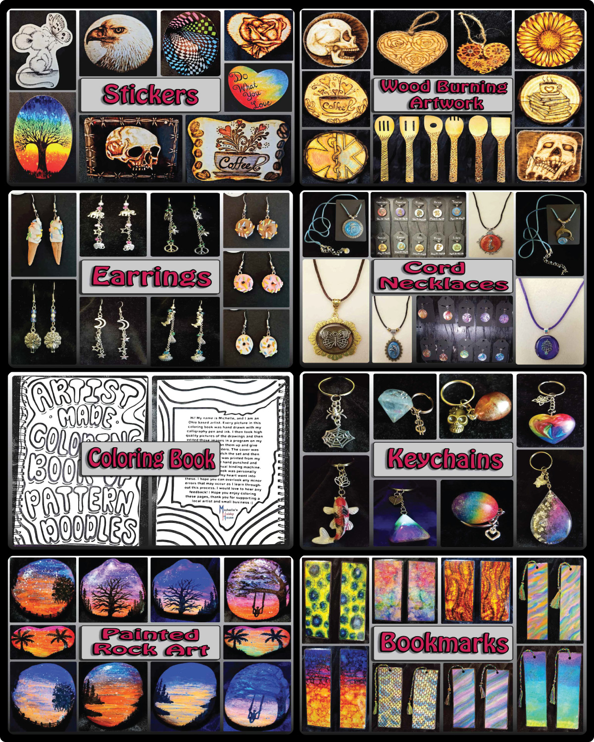 Alt="Collage image of all labeled categories within this website which includes stickers, wood burning artwork, earrings, cord necklaces, coloring book, key chains, painted rock art and bookmarks.">